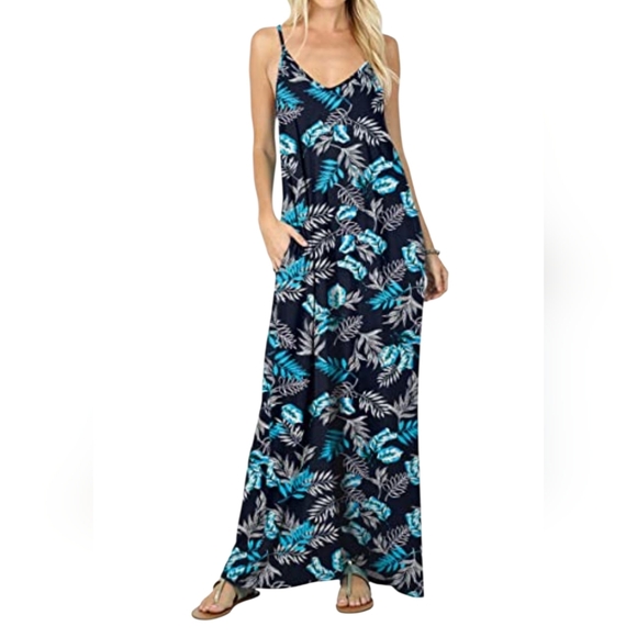 PLUS SIZE Floral Blue Maxi Dress With Pockets - Picture 1 of 2
